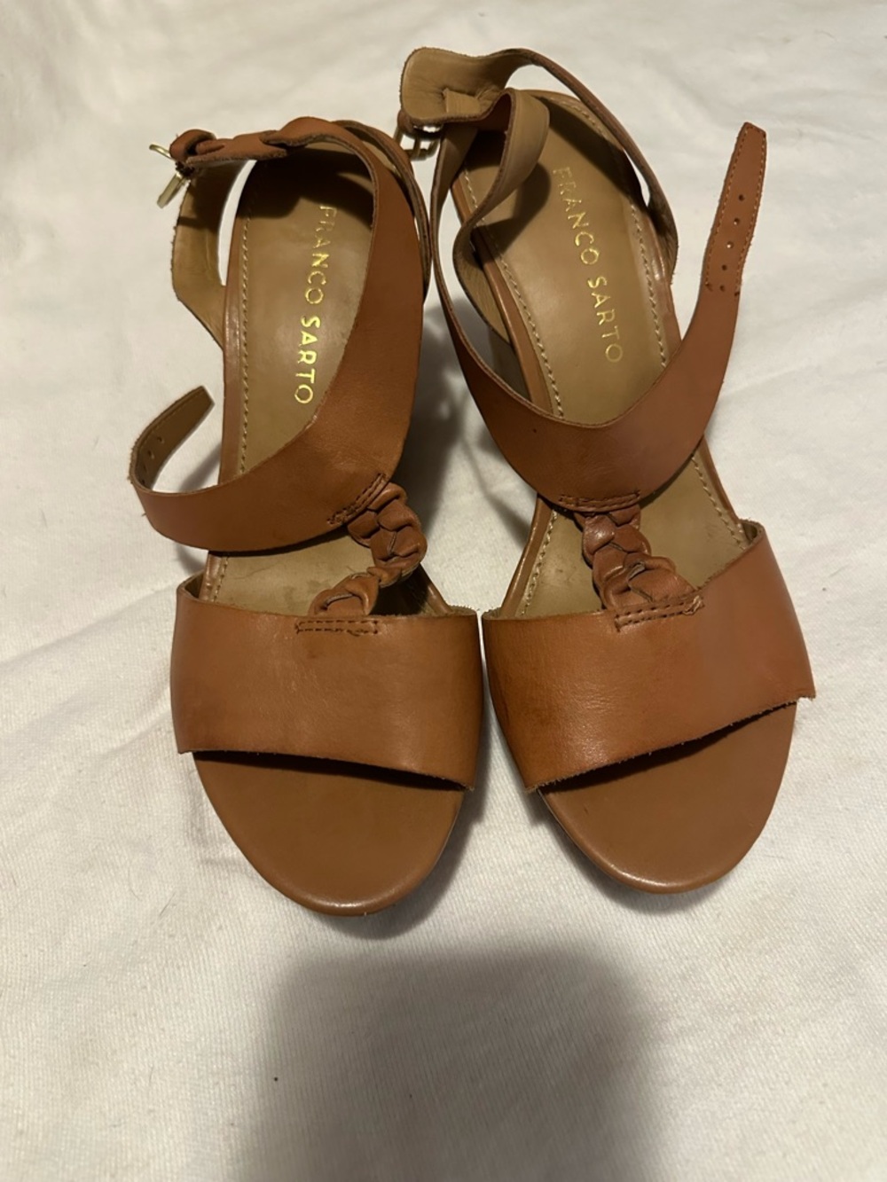 Franco Sarto Tan Leather Braided T-Strap Wedge Sandals